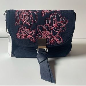 NWT- Vera Bradley Carson Navy RFID Mini Crossbody with Pink Embroidered Flowers